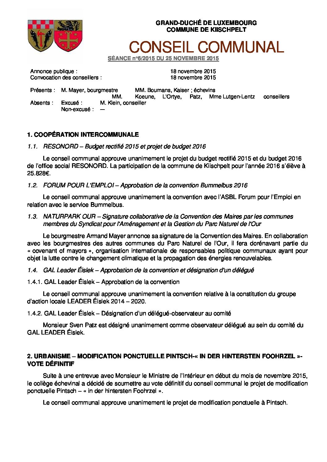 Gemeinderats Bericht vom 25.11.2015