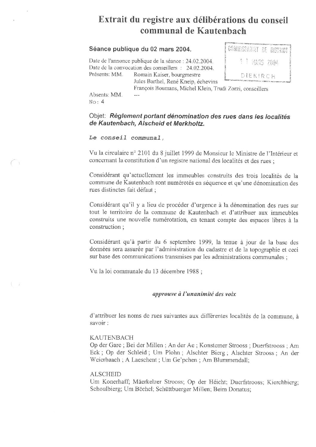 Règlement concernant les nom des rues de Kautenbach, Merkholtz et Alscheid