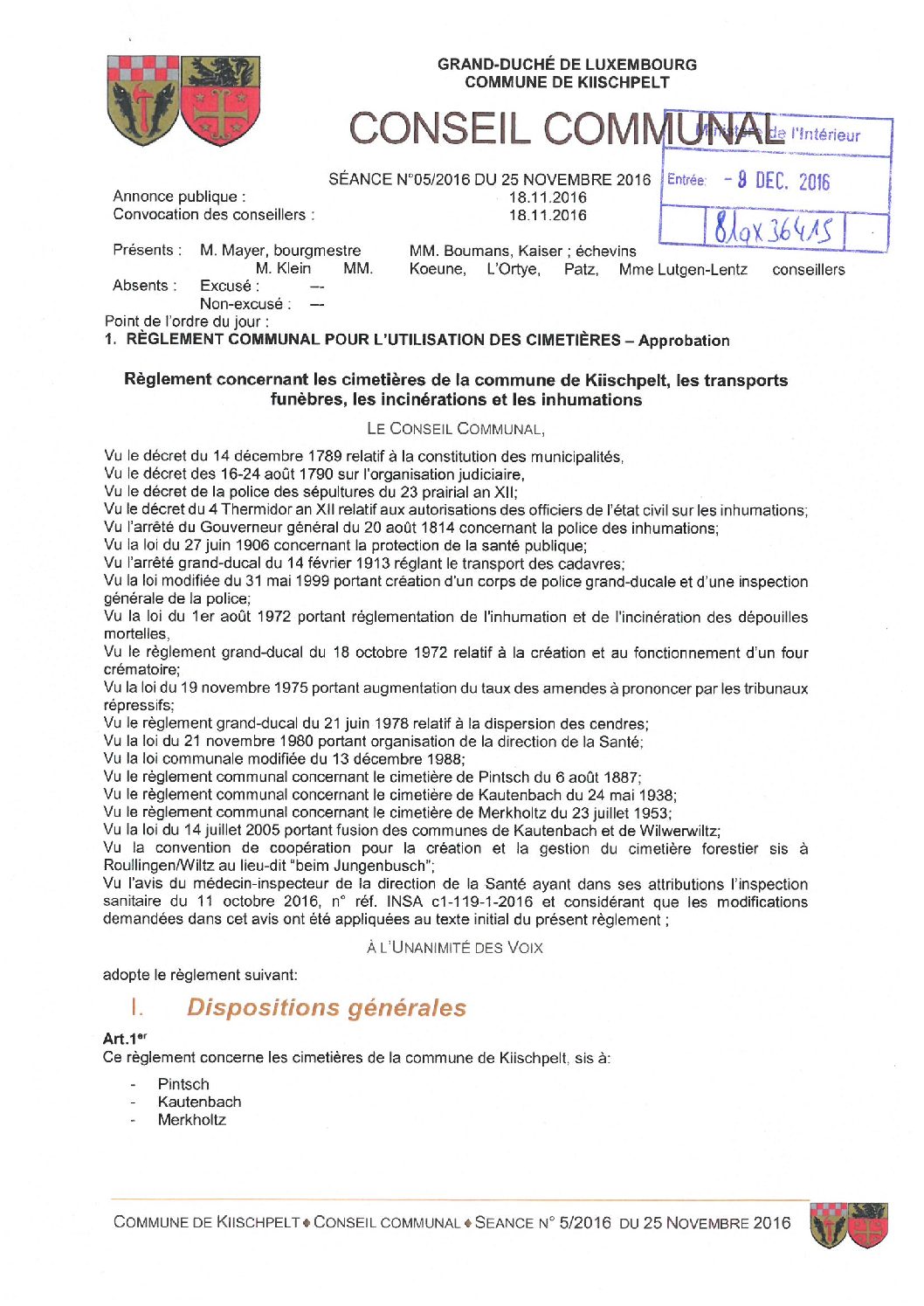 Règlement concernant les cimetières de la commune de Kiischpelt, les transports funèbres, les incinérations et les inhumations