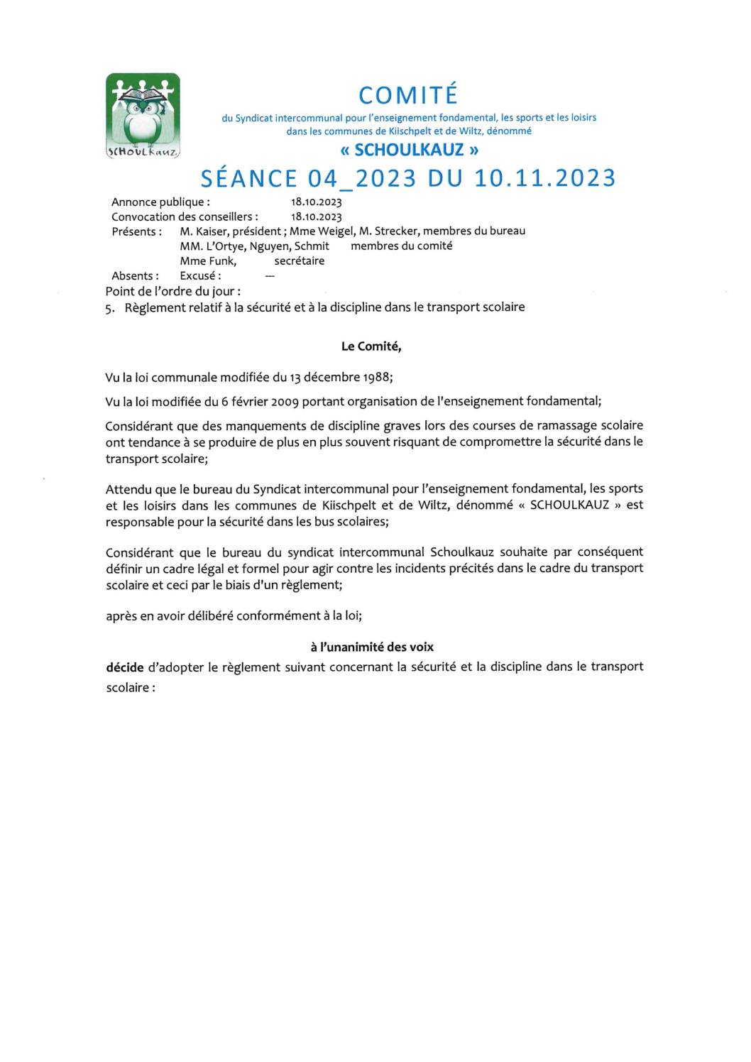 Comité Schoulkauz - Séance 04_2023 du 10.11.2023 - Règlement relatif à la sécurité transport public