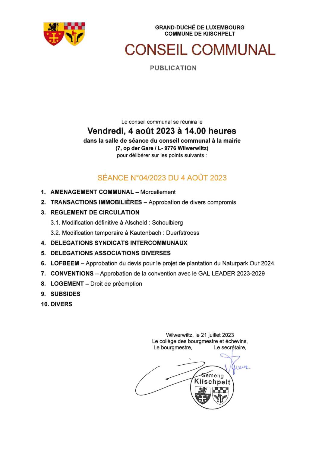 Conseil communal - Réunion N°04/2023 du 4 août