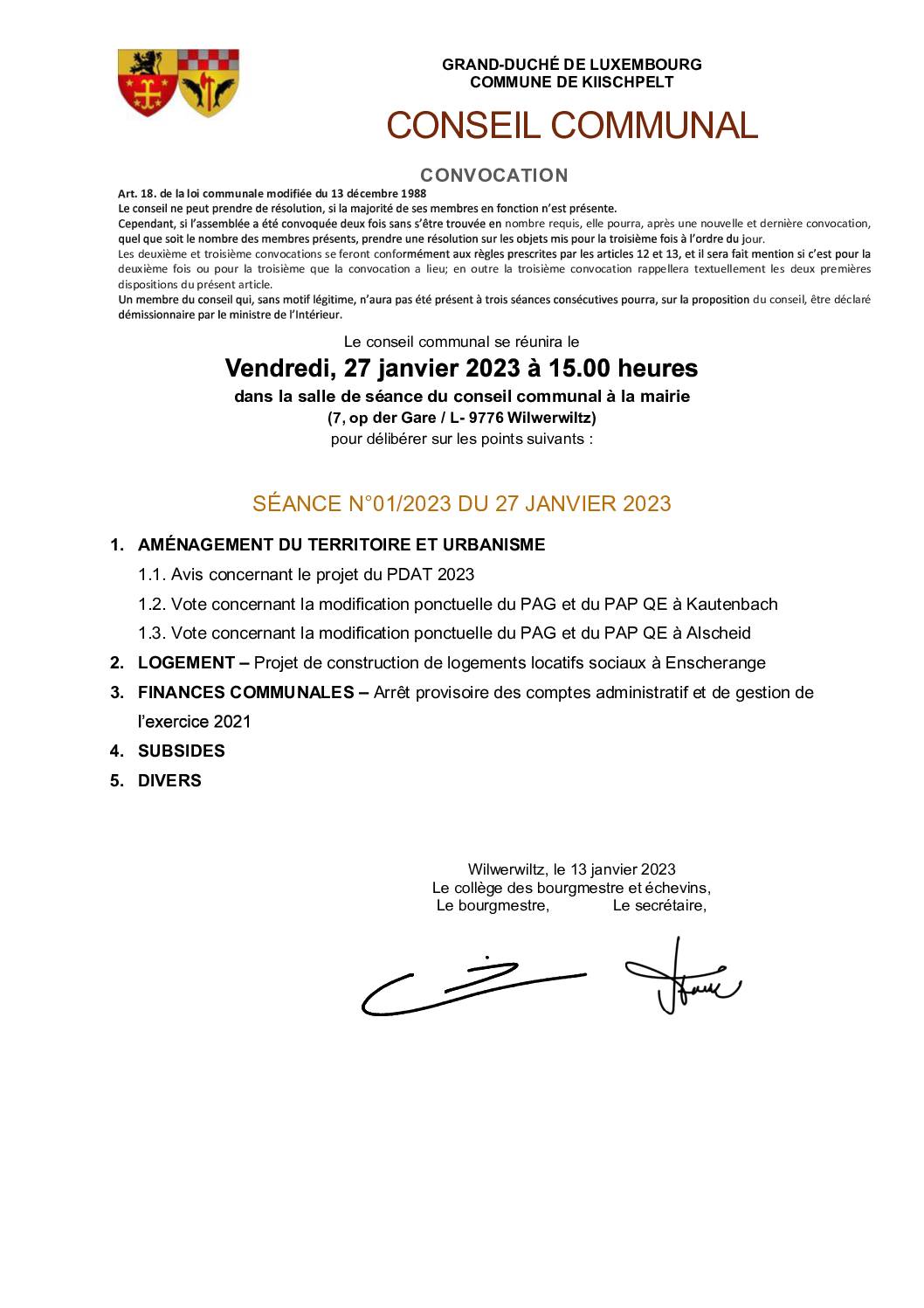 Conseil communal - Convocation - Séance 01/2023 du 27 Janvier 2023