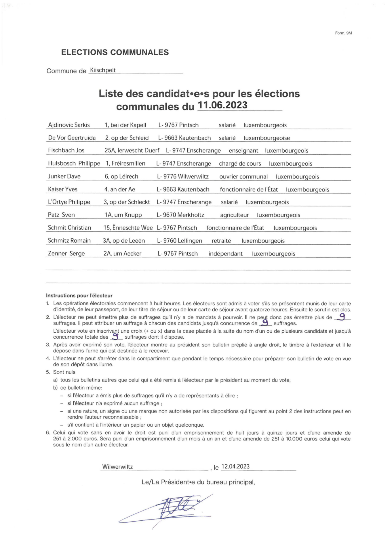 Liste des candidat(e)s pour les élections communales du 11.06.2023