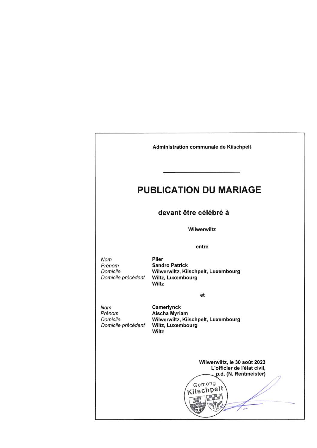 Publication de mariage - Plier Camerlynck