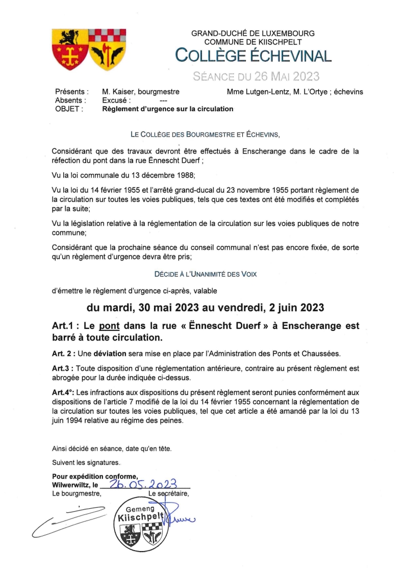 Avis - Ënnescht Duerf à Lellingen - Pont barré à toute circulation du 30 mai au 2 juin 2023