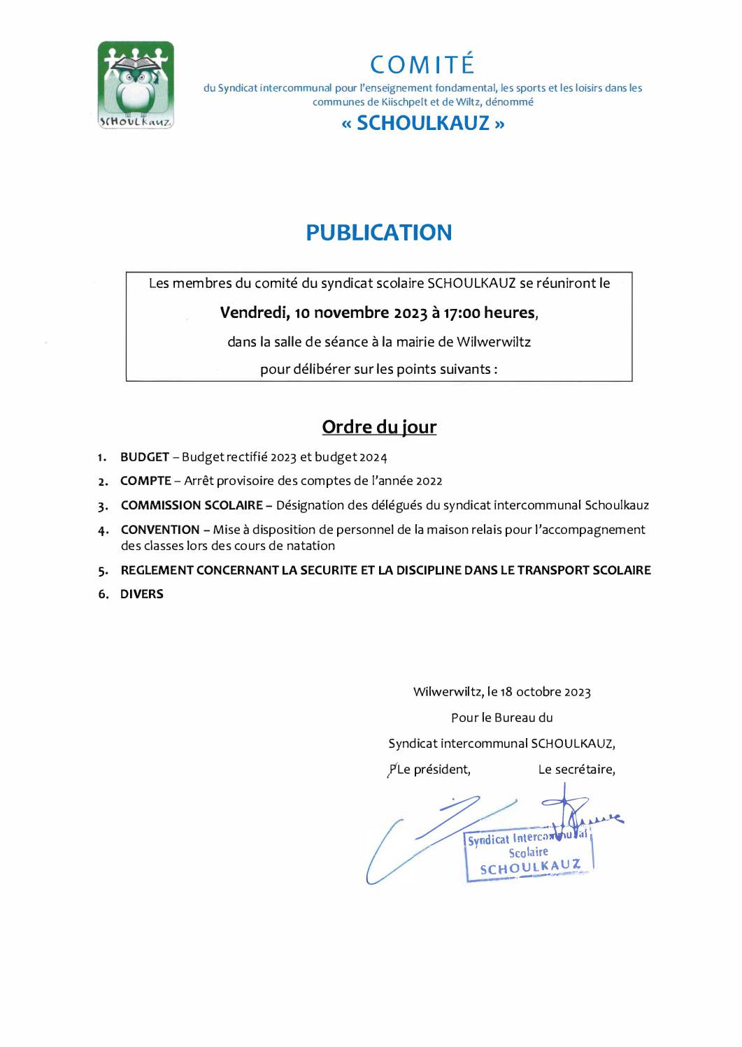 Comité Schoulkauz 10 novembre 2023 - Ordre du jour