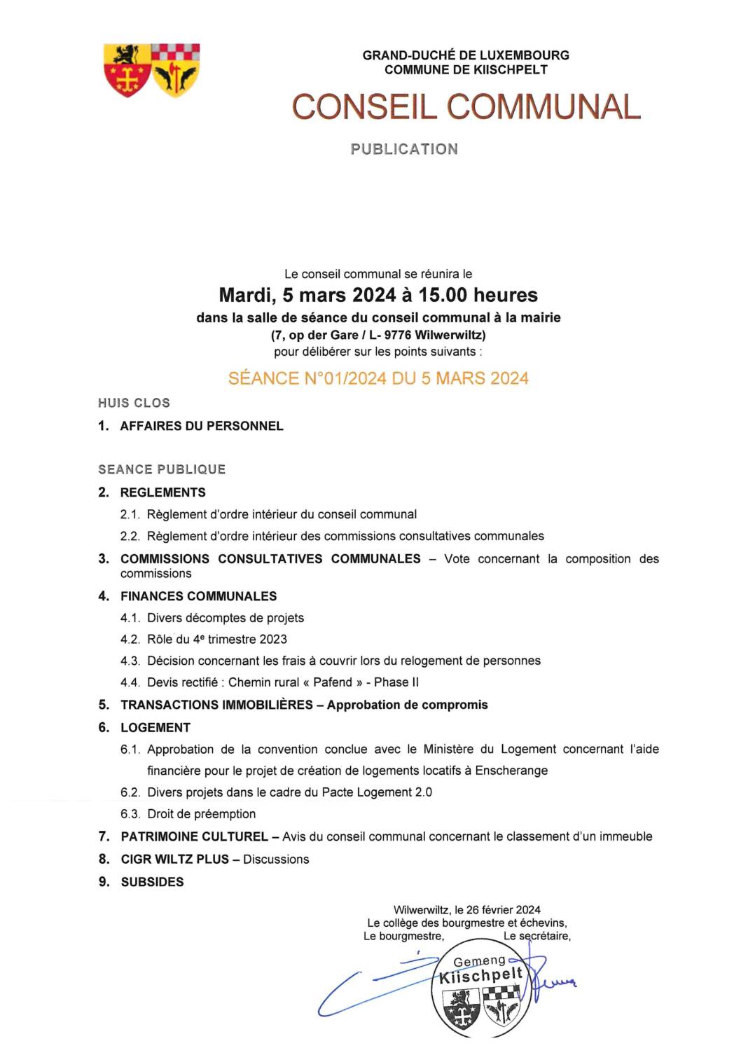 Conseil communal - Ordre du jour séance 01_2024 du 5 mars 2024