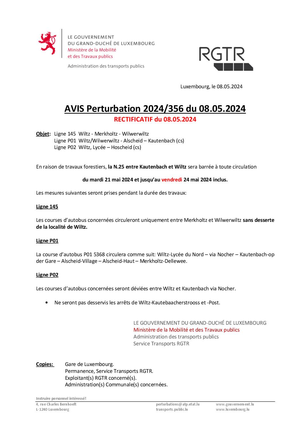 RGTR - Avis perturbation - 21.05 au 24.05 entre Kautenbach et Wiltz