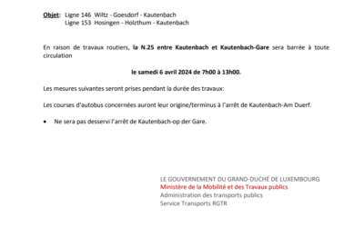 N25 à Kautenbach barrée le 6 avril 2024 de 7:00 à 13:00