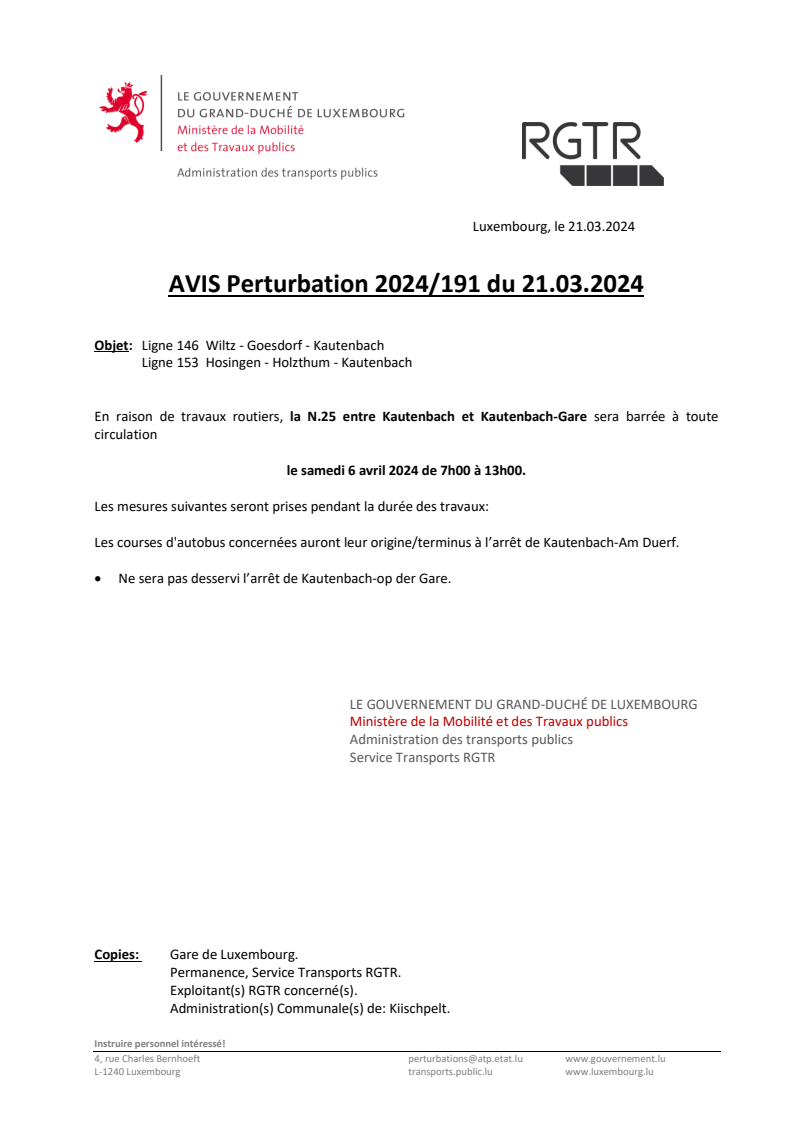 N25 à Kautenbach barrée le 6 avril 2024 de 7:00 à 13:00
