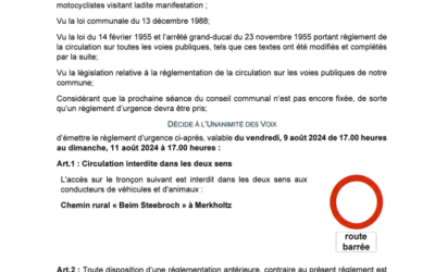 Avis – Chemin rural Beim Steebroch à Merkholtz – Route barrée du 9 au 11 août 2024