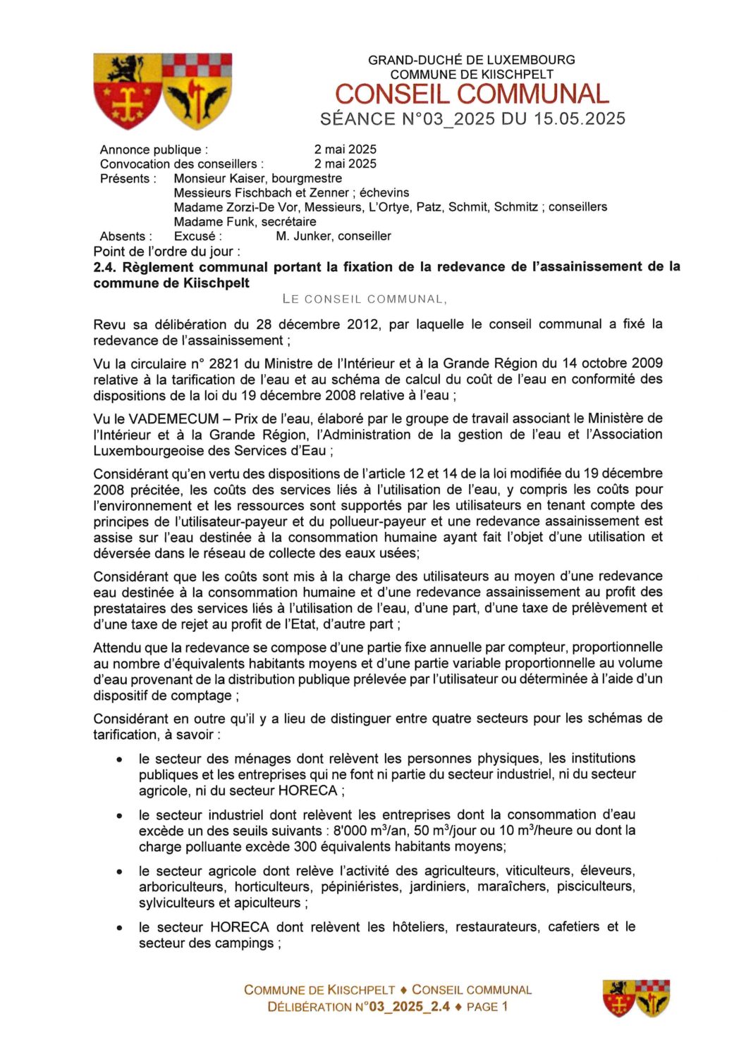 Règlement communal portant la fixation de la redevance de l'assainissement