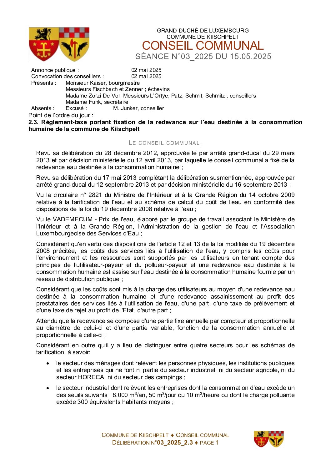 Règlement-taxe portant fixation de la redevance sur l'eau destinée à la consommation humaine