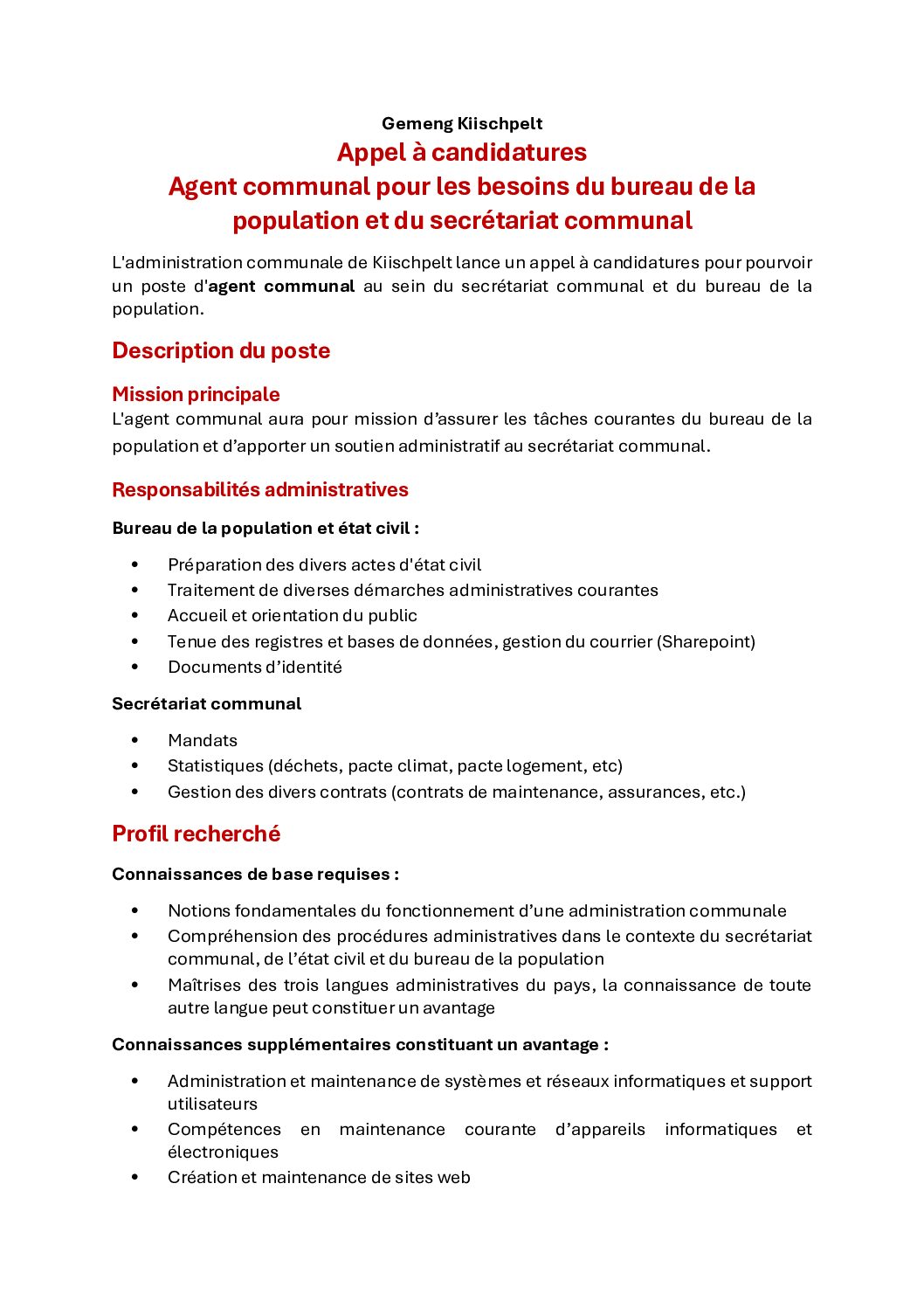 Appel à candidatures Agent communal population secrétariat_def