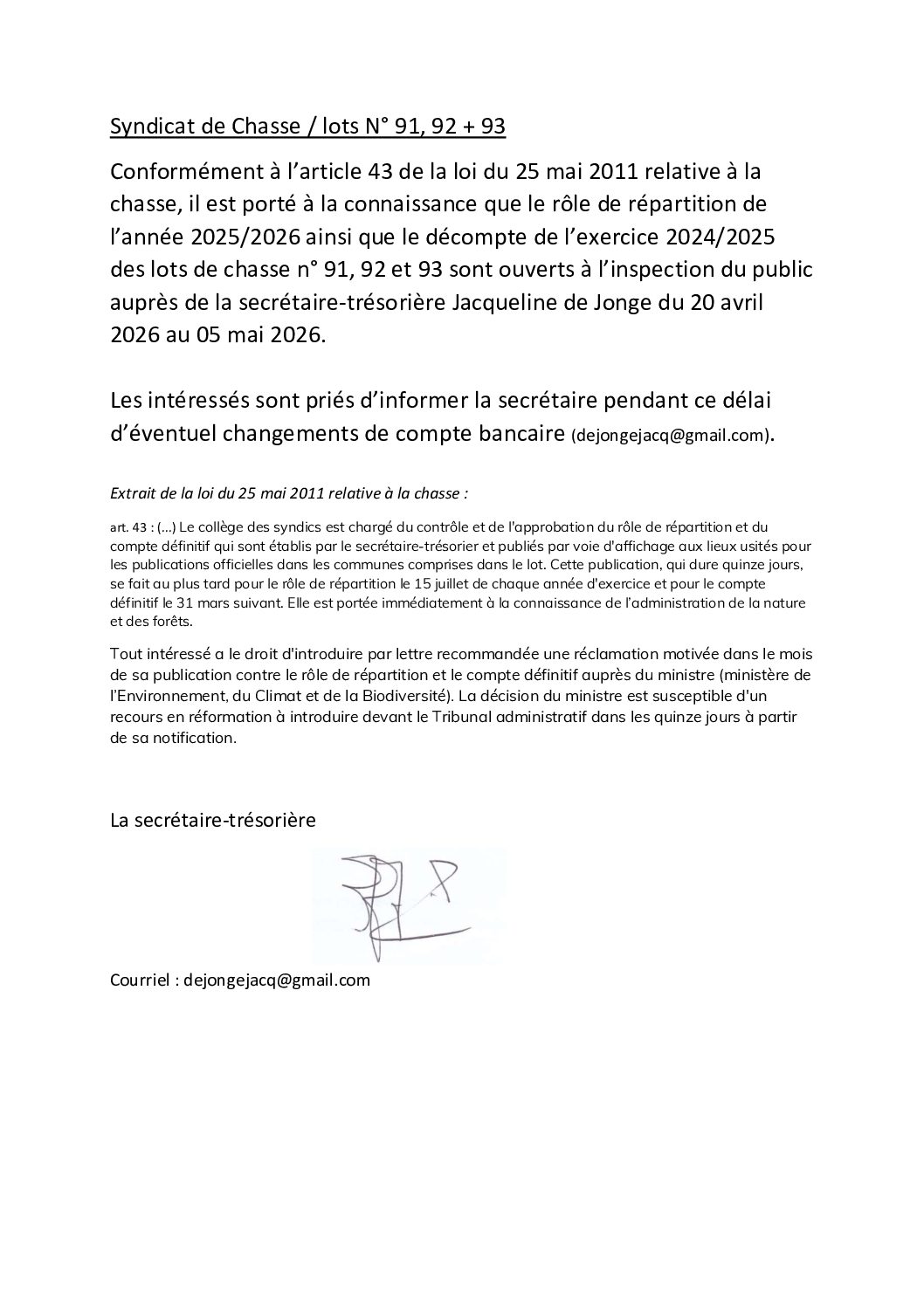 Avis - Chasse - Lots 91, 92, 93 - Rôle répartition 2025 et 26, décompte 2024 et 25
