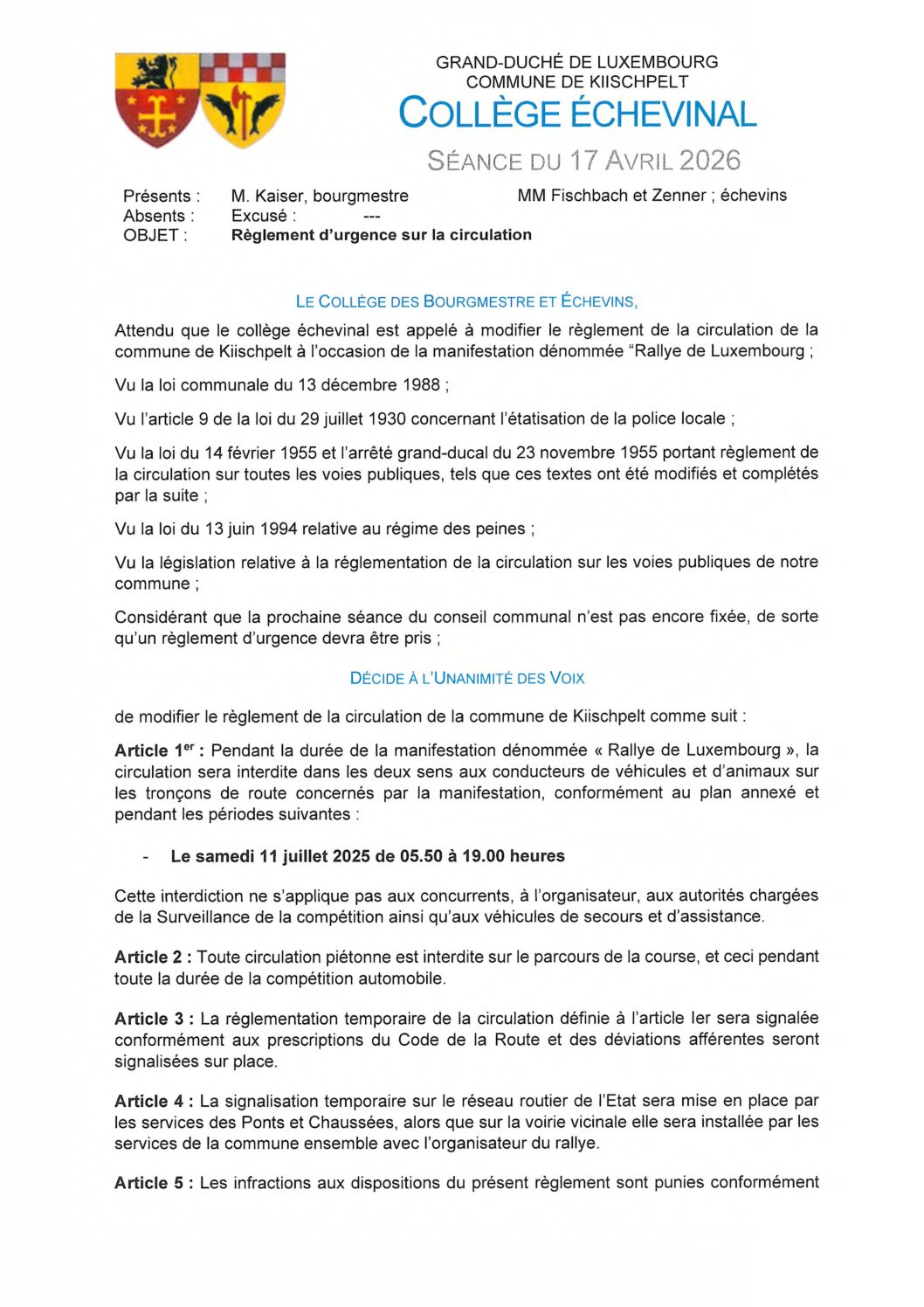 Avis - Rallye de Luxembourg - Circulation interdite entre Pintsch et Encherange le 11 juillet 2026