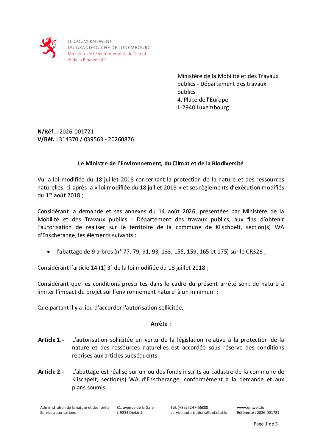 Décision 2026-001721 demande d'autorisation pour l'abattage d'arbres sur le territoire de la commune de Kiischpelt.