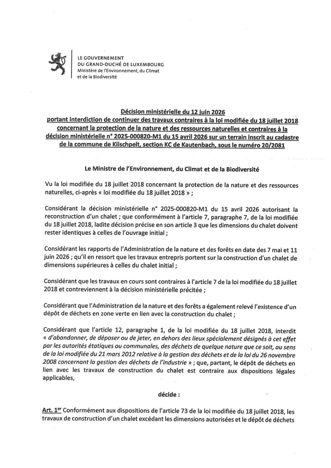 Décision ministérielle reconstruction d'un chalet
