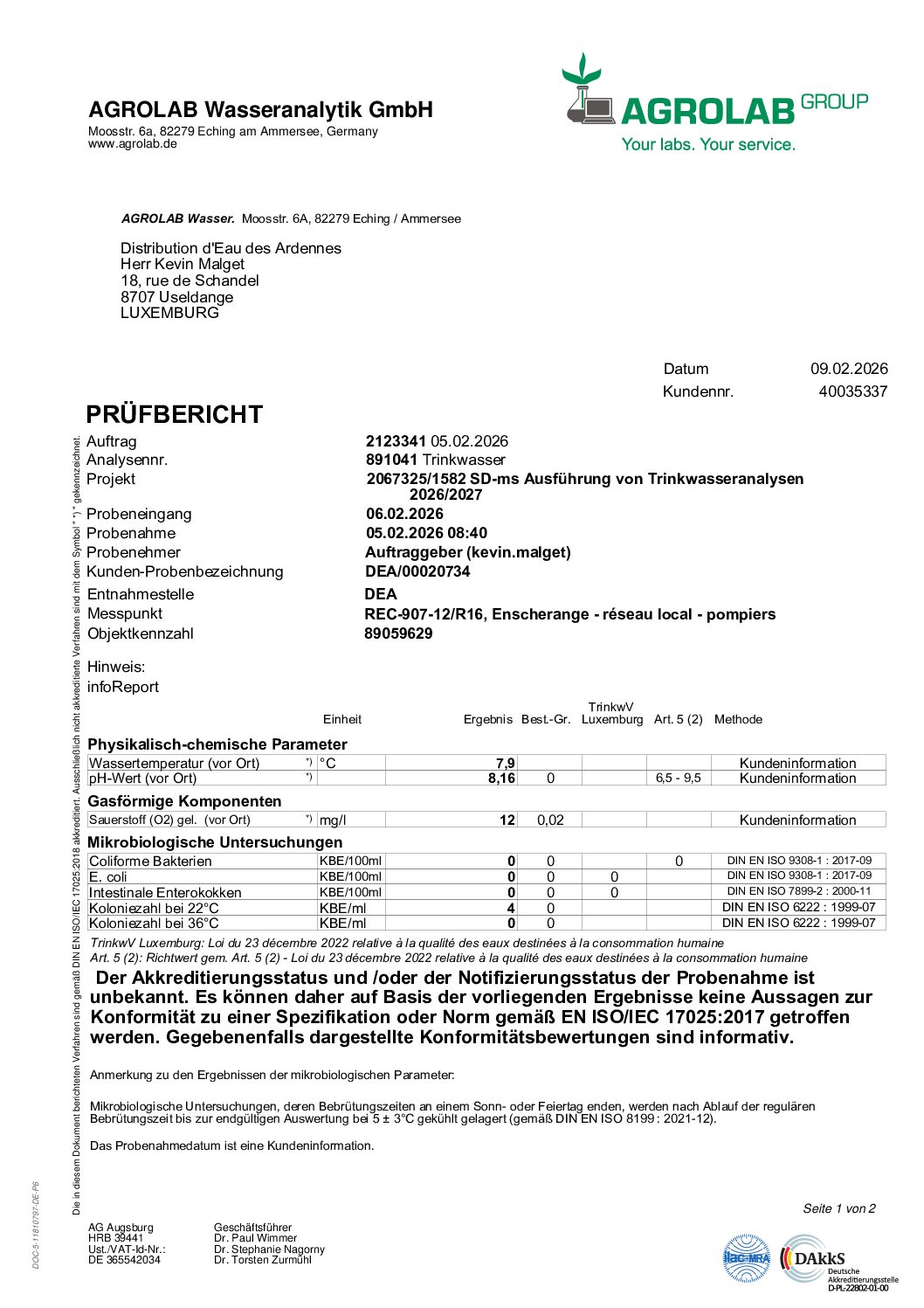 Analyses d'eau février 2026