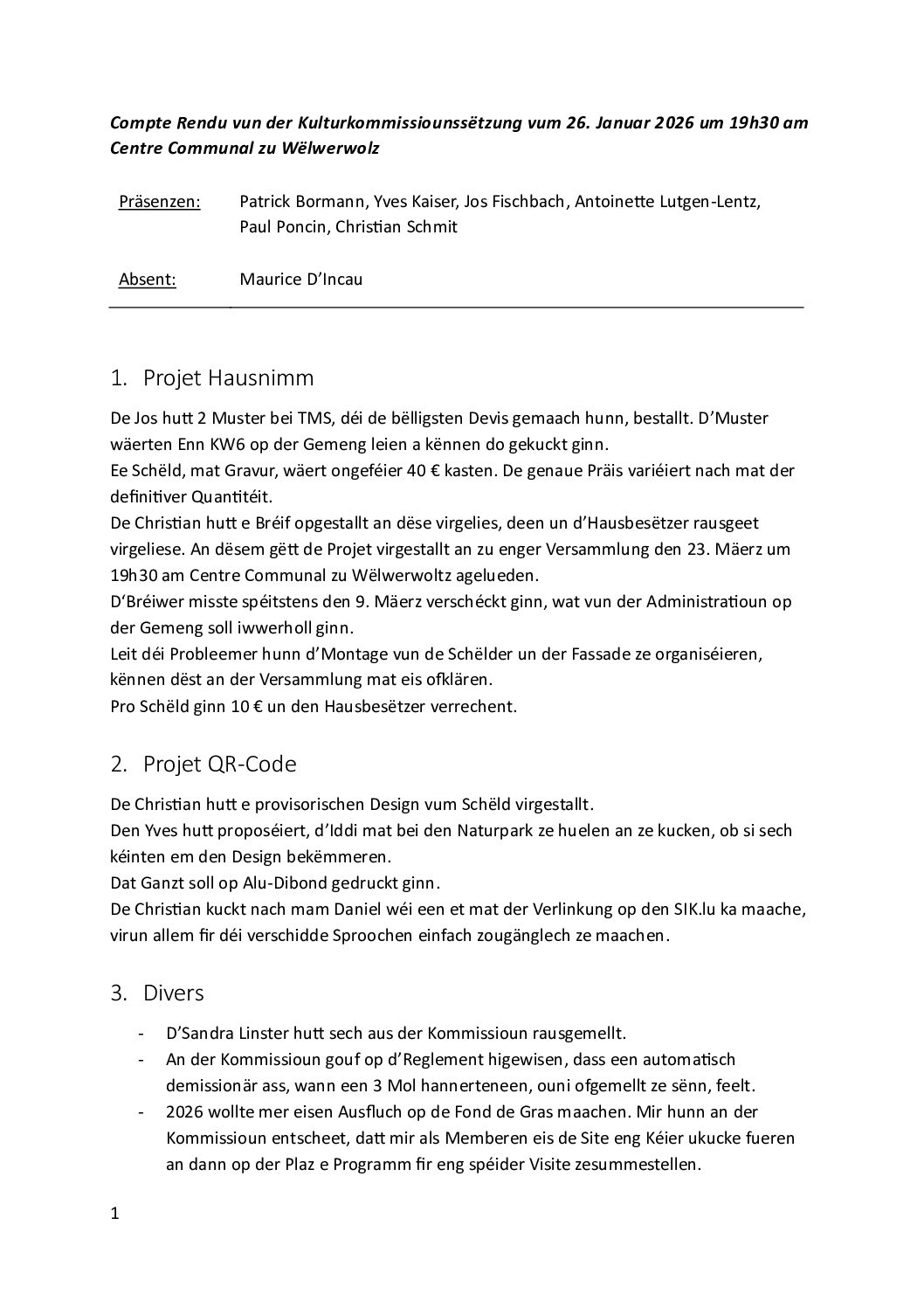 Kulturkommissioun - CR vum 26.01.2026
