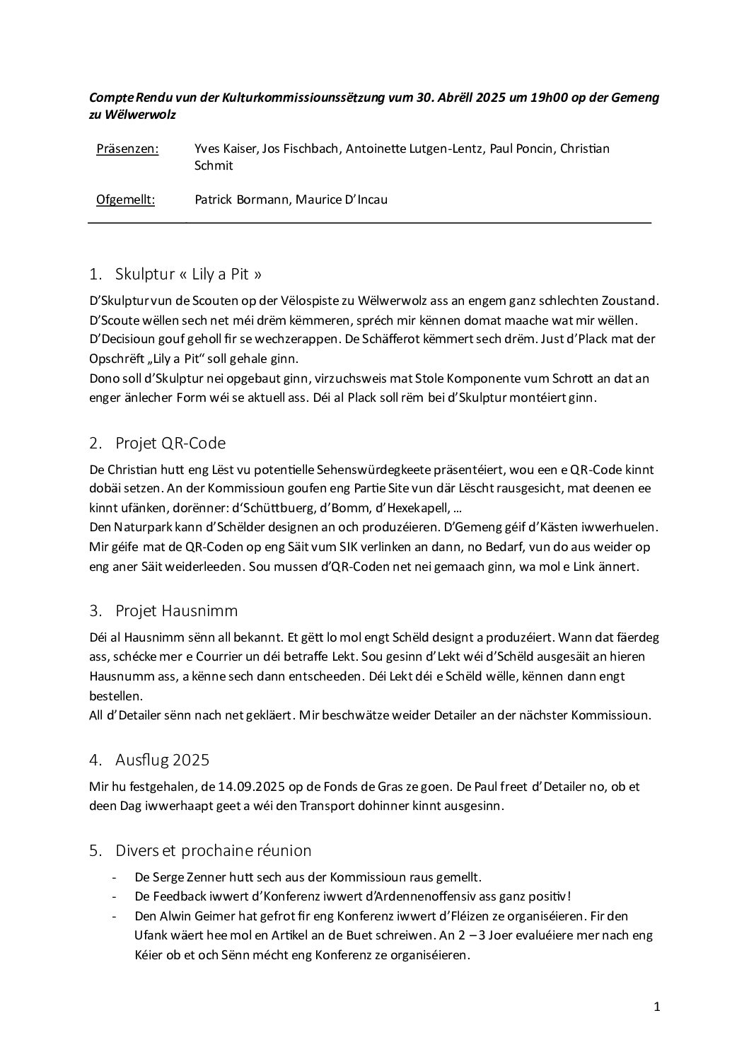 Kulturkommissioun - CR vum 30.04.2025