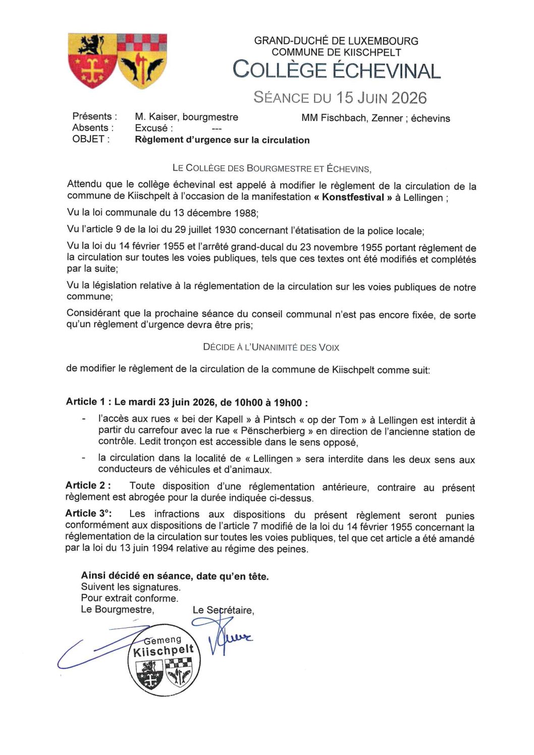 Règlement d'urgence sur la circulation à Lellingen pour le Konstfestival