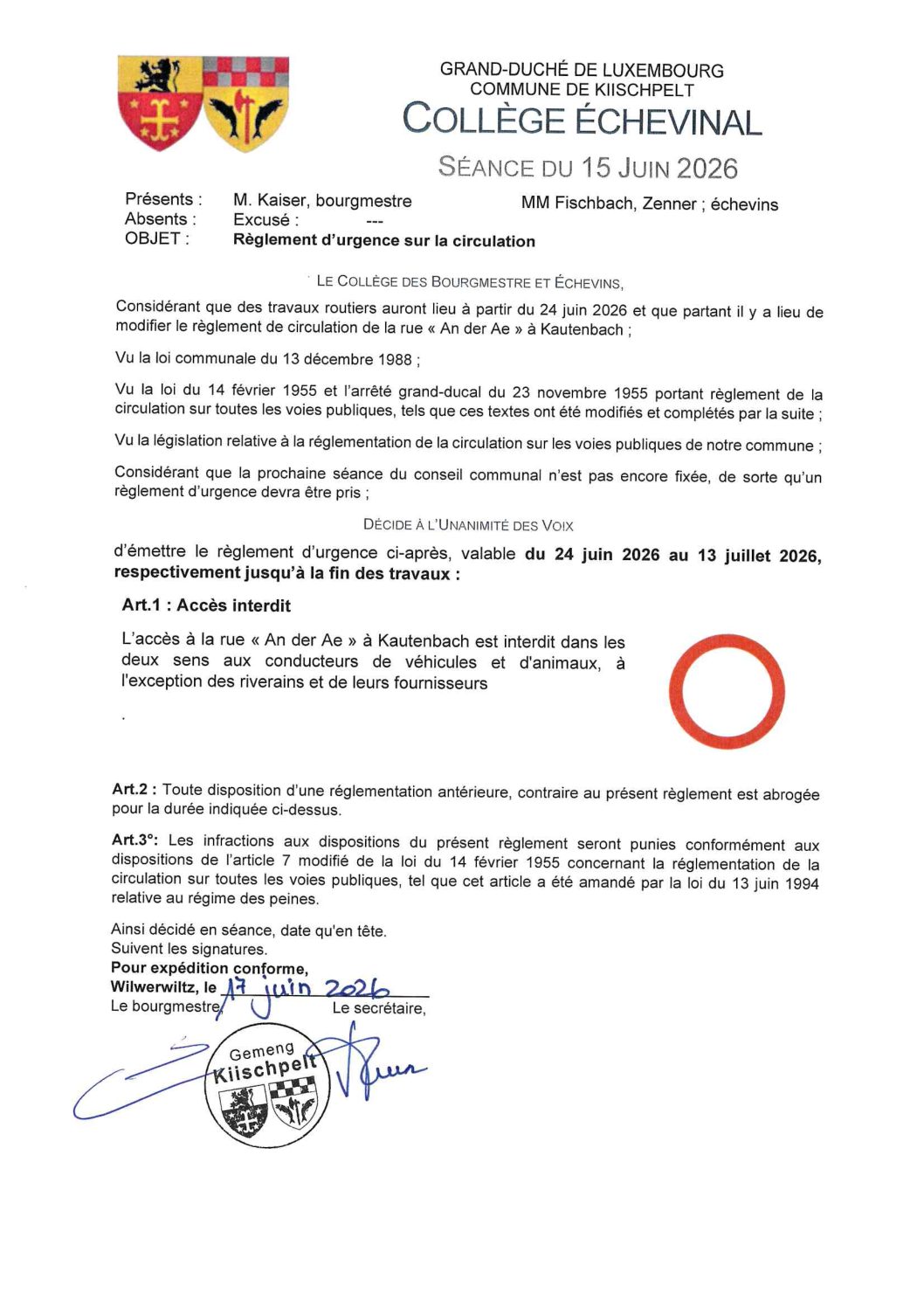 Règlement d'urgence sur la circulation an der Ae à Kautenbach