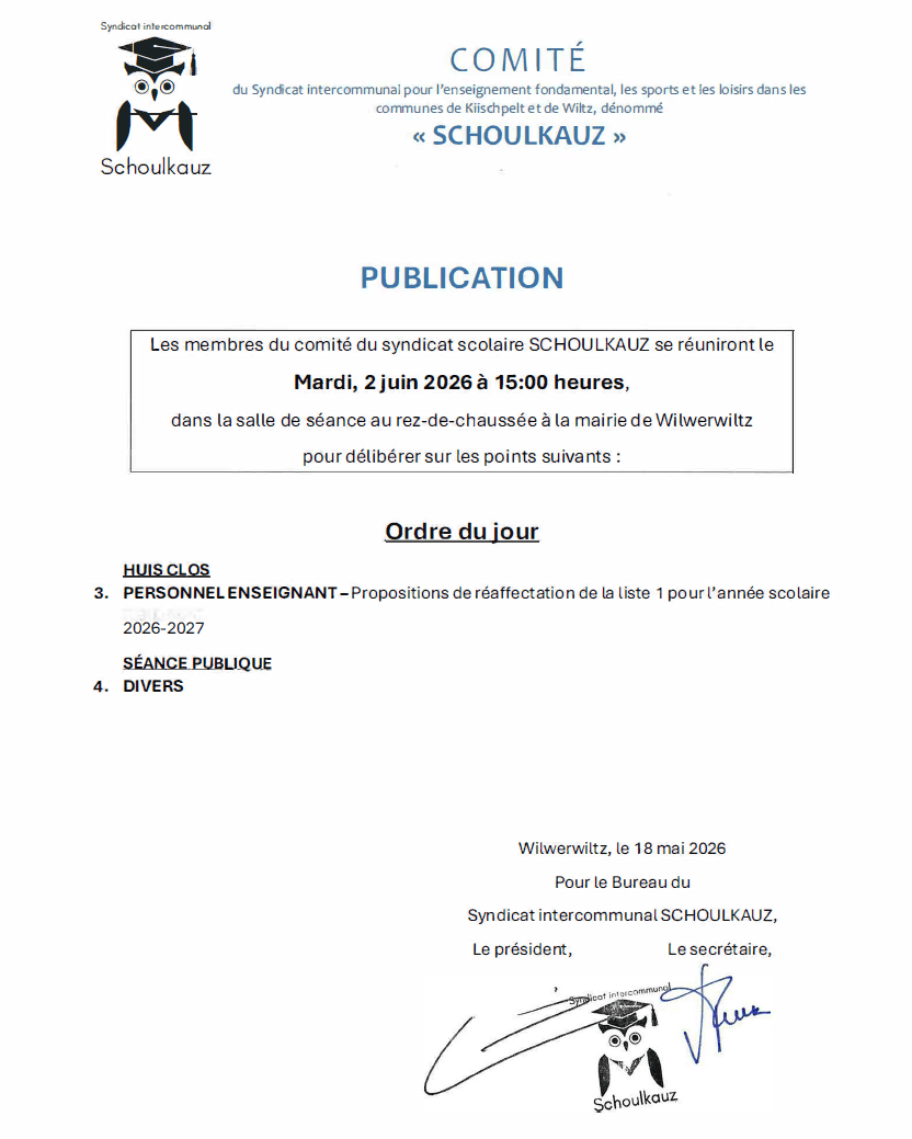 Syndicat intercommunal Schoulkauz - Réunion du comité
