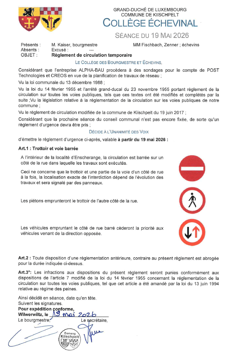 Règlement temporaire de circulation - Enscherange