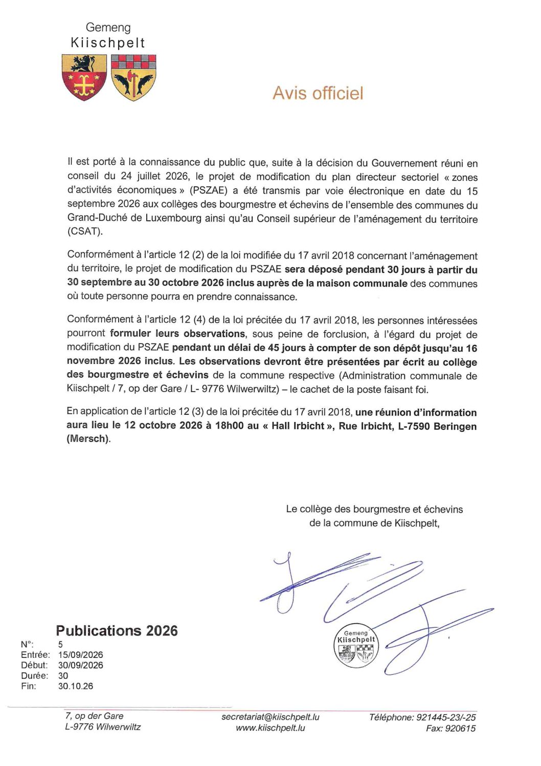 Avis officiel - Projet de modification PSZAE 2026