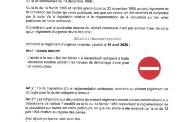 Avis – Rue Bei der Millen à Kautenbach barrée le 16 avril 2026