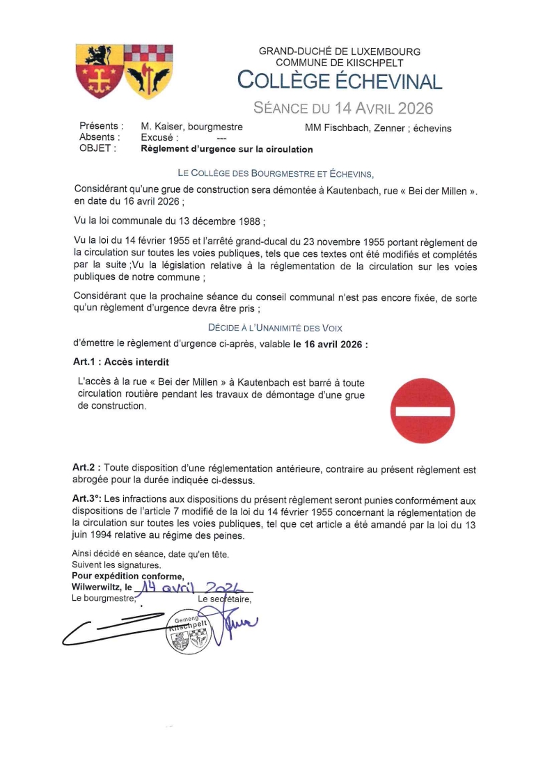 Avis - Rue Bei der Millen à Kautenbach barrée le 16 avril 2026