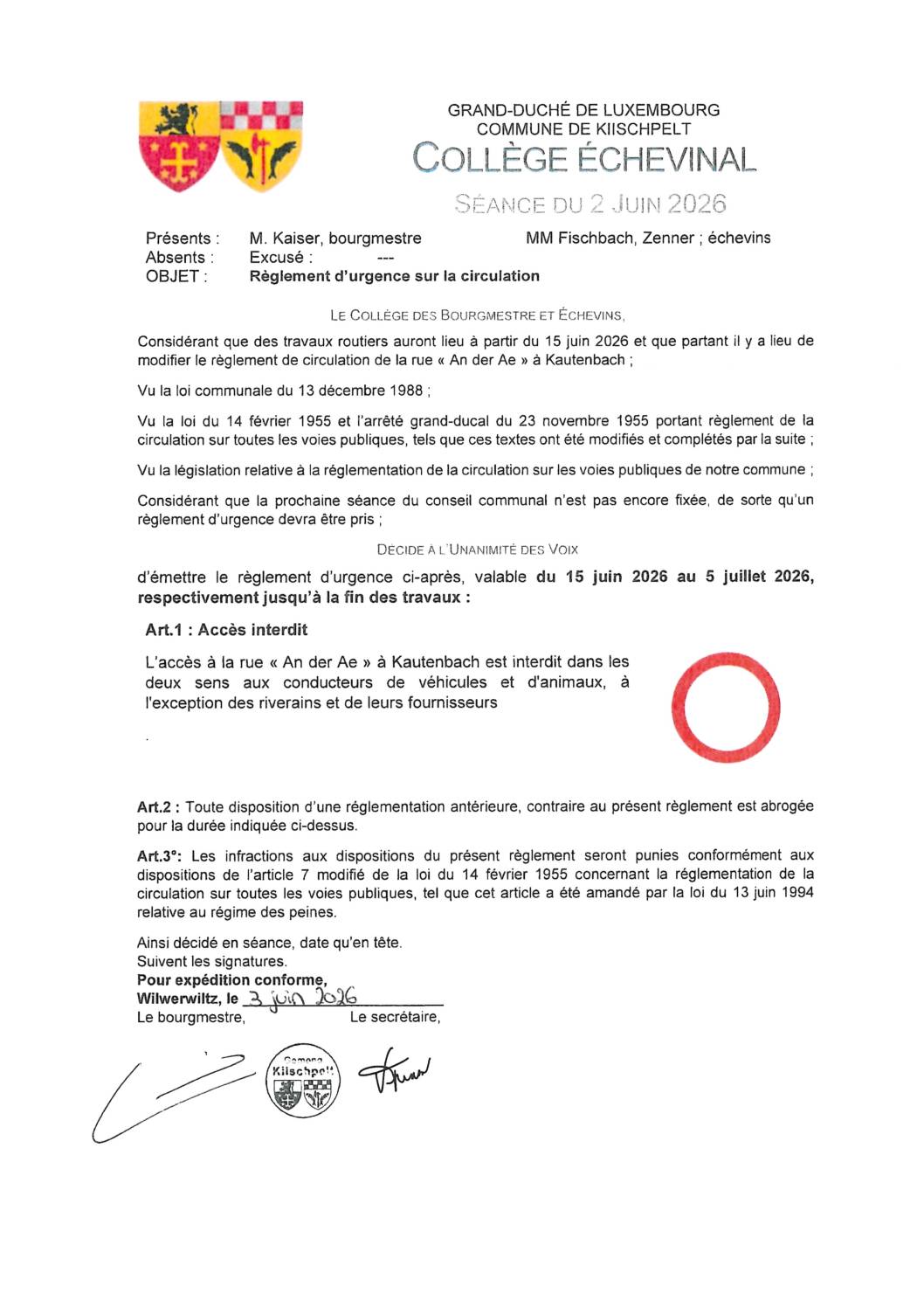 Règlement d'urgence sur la circulation Kautenbach