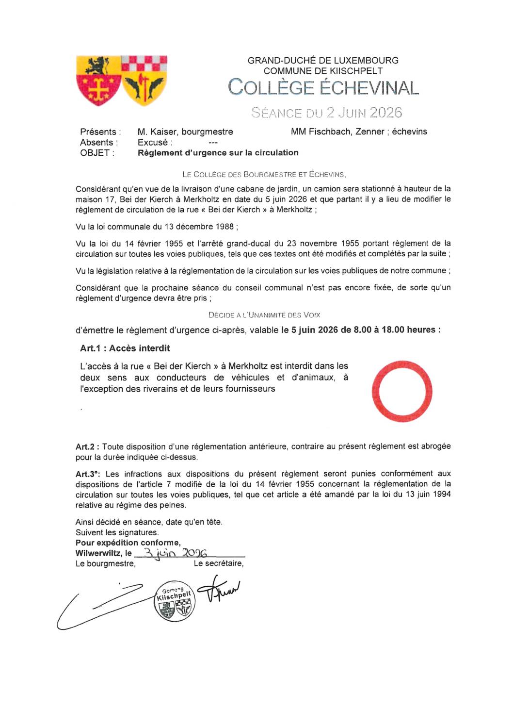 Règlement d'urgence sur la circulation Merkholtz