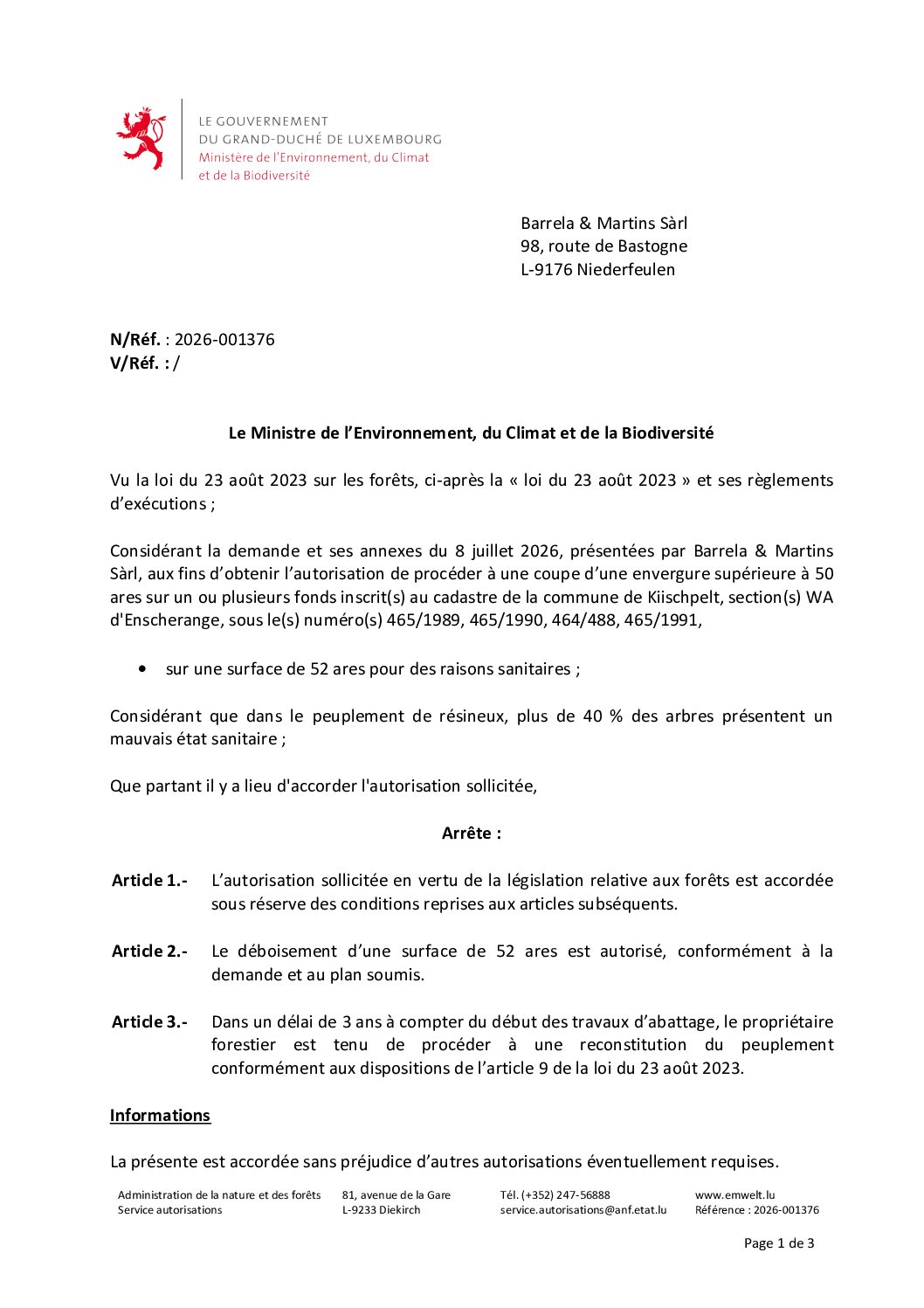 Décision 2026-001376 autorisation de procéder à une coupe d'un envergure supérieure.