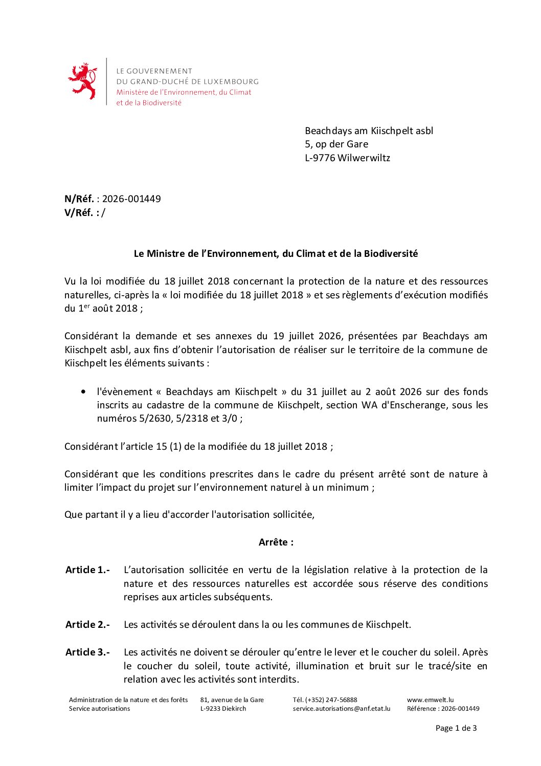 Décision 2026-001449 du Ministère de l'Environnement pour réaliser les Beachdays sur le territoire de la commune de Kiischpelt.