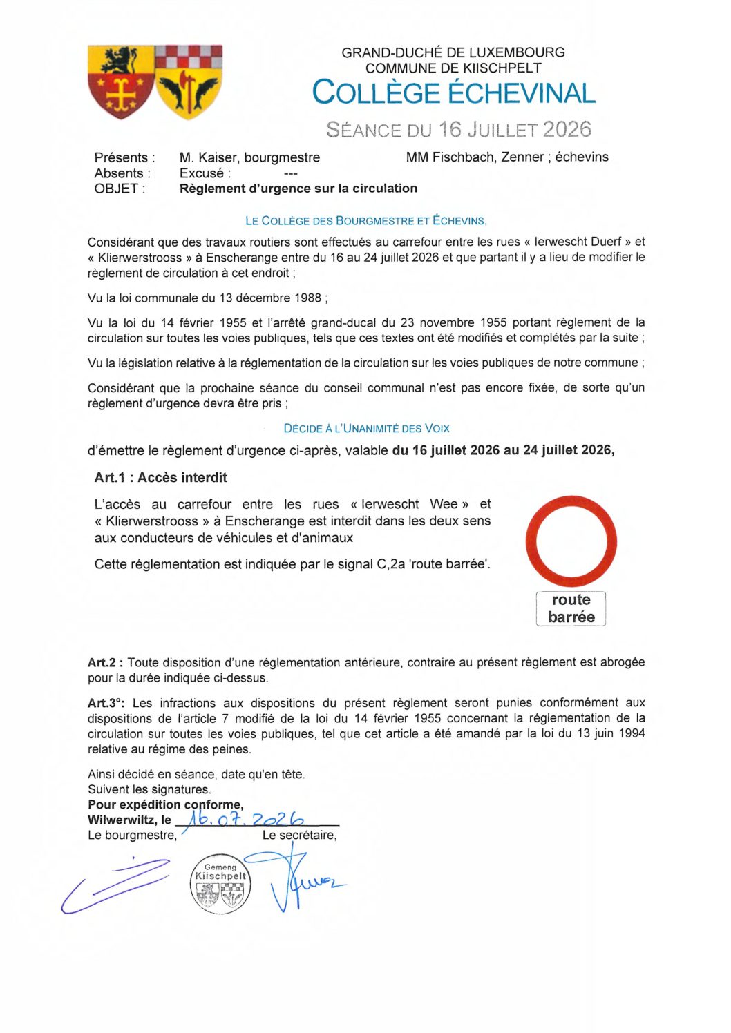 Règlement d'urgence sur la circulation à Enscherange