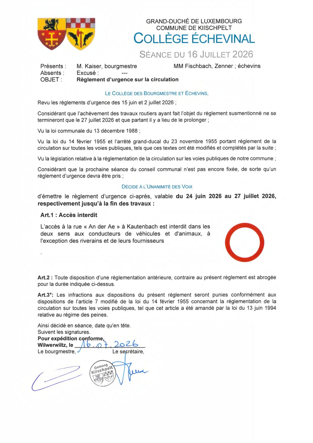 Règlement d'urgence sur la circulation à Kautenbach.