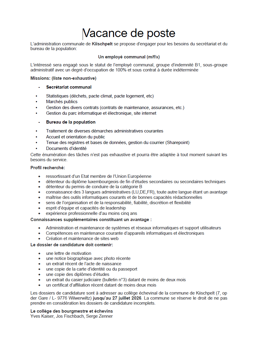 Vacance de poste - Employé communal (m/f/x)