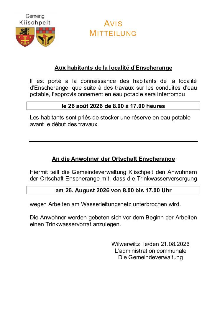 AVIS au public - eau potable Enscherange