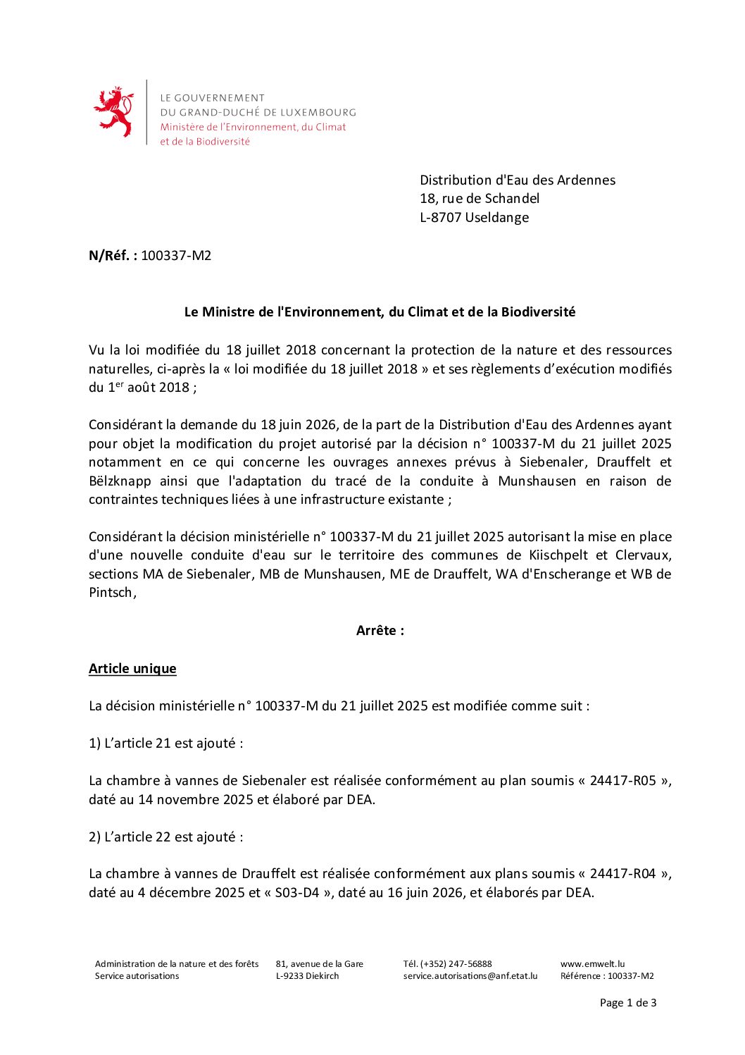 Décision 100337-M2 distribution d'Eau des Ardennes