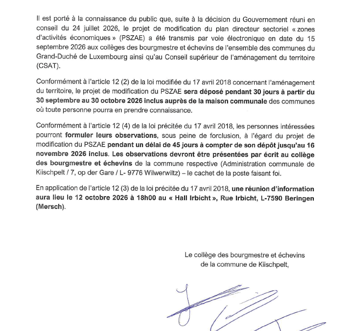 Avis officiel – Projet de modification du plan directeur sectoriel « zones d&rsquo;activités économiques »