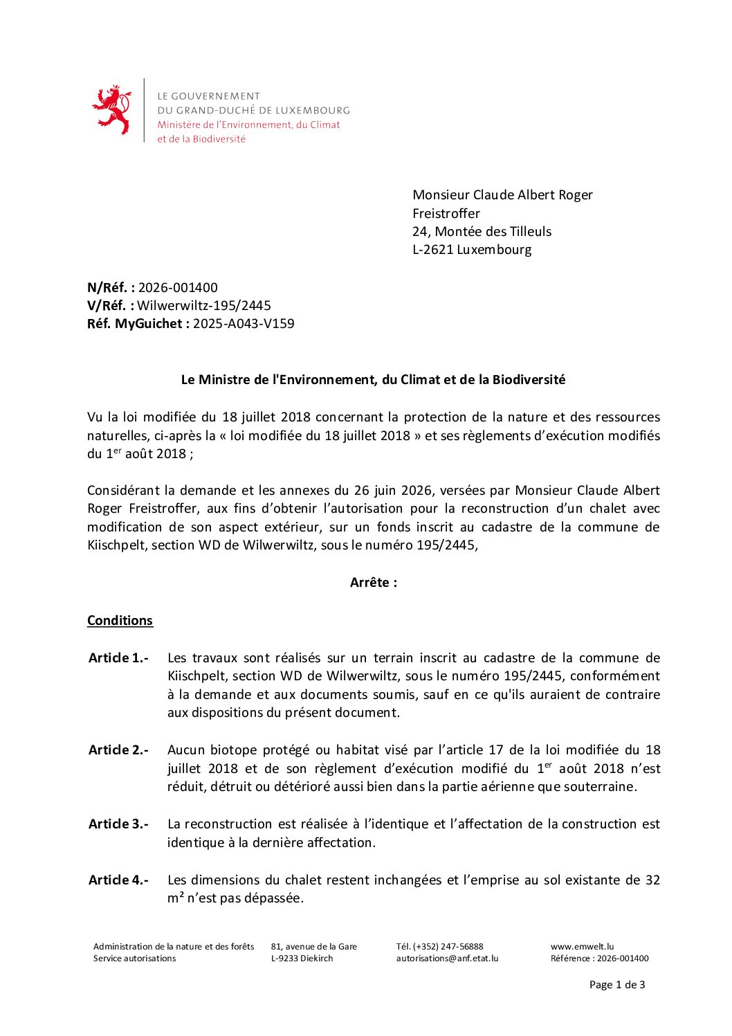 Décision 2026-001400 autorisation pour le reconstruction d'un chalet.