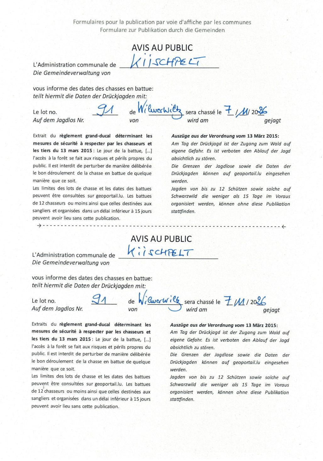 LOT 91 - Avis au public - chasses en battue 7.11. et 12.12.26